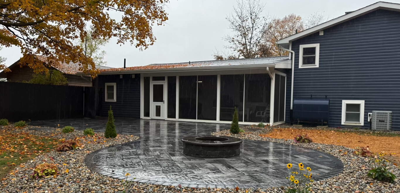 Decorative stamped concrete patio with fire pit in Whittier, CA